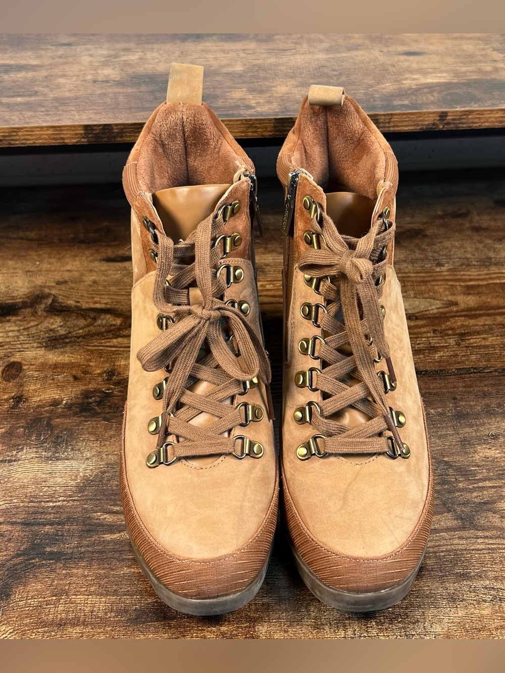Vionic Spencer Boots Tan Chunky Waterproof Leather Hiker Combat Ankle Zip 8.5 - Picture 4 of 13